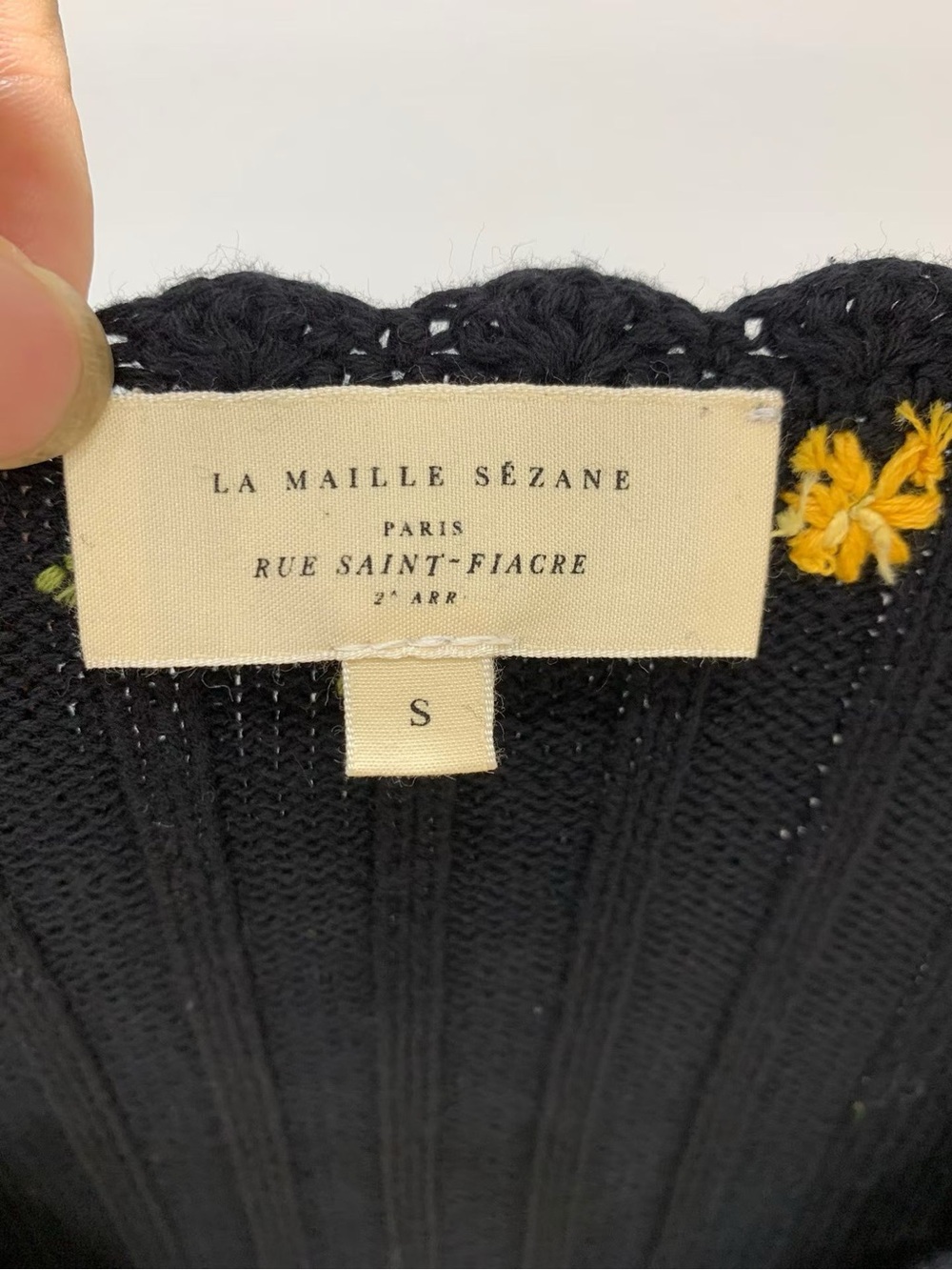 SEZANE Black Floral Embroidered Short Sleeve Ribbed Knit Iliana Cardigan, S M L - Picture 9 of 9